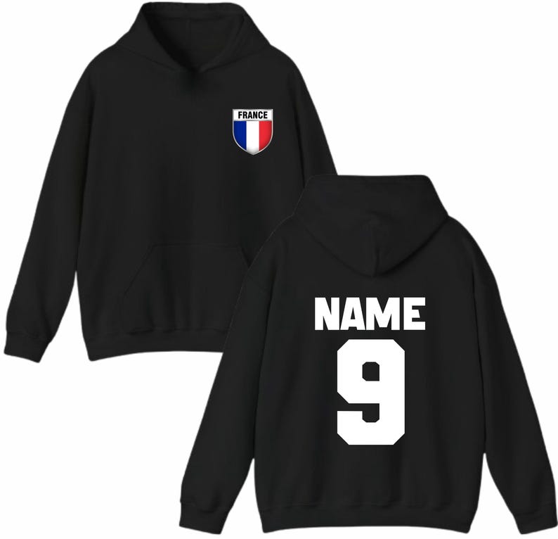 May include: Black hoodie with a front pocket and hood. The front features a shield with the word "FRANCE" and the French flag colors. The back displays the word "NAME" above the number "9" in white.
