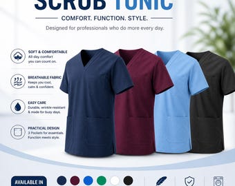 Unisex V-Neck Scrub Tunic, Poly-Cotton Healthcare Workwear, 3 Pockets