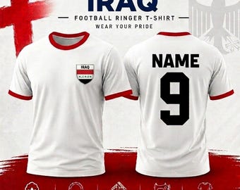 Camiseta personalizada de fútbol de Irak con nombre y número personalizados. Regalo ideal.