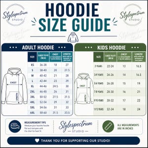 May include: A size guide for adult and kids hoodies, with measurements in inches. The guide includes chest and length measurements for various sizes, from XS to 6XL for adults and 2 years to 11/13 years for kids. The text reads "HOODIE SIZE GUIDE".
