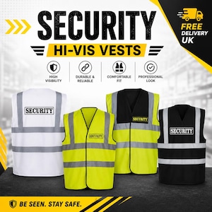 Könnte beinhalten: Das Bild zeigt vier Sicherheitswesten mit hoher Sichtbarkeit in Weiß, Gelb und Schwarz. Jede Weste hat reflektierende Streifen und den Aufdruck "SECURITY". Der Text "BE SEEN. STAY SAFE." ist ebenfalls enthalten.