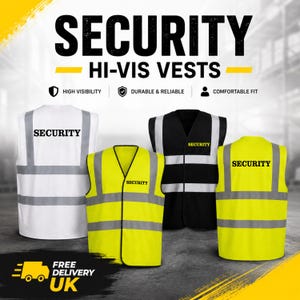 Puede incluir: Cuatro chalecos de seguridad de alta visibilidad en blanco, negro y amarillo. Cada chaleco tiene rayas reflectantes y la palabra "SECURITY" impresa. La imagen también incluye el texto "HIGH VISIBILITY", "DURABLE & RELIABLE" y "COMFORTABLE FIT".