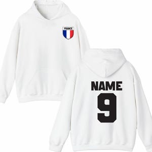 May include: White hoodie with a front pocket and hood. The front features a shield with the French flag and the word "FRANCE". The back displays the word "NAME" above the number "9" in black.