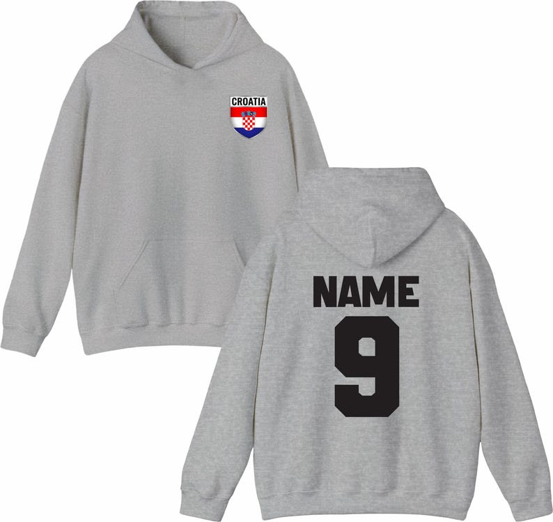 May include: A light gray hoodie with a front pocket and a hood. The front features a Croatia crest and the word "CROATIA". The back displays the word "NAME" above the number "9" in black.