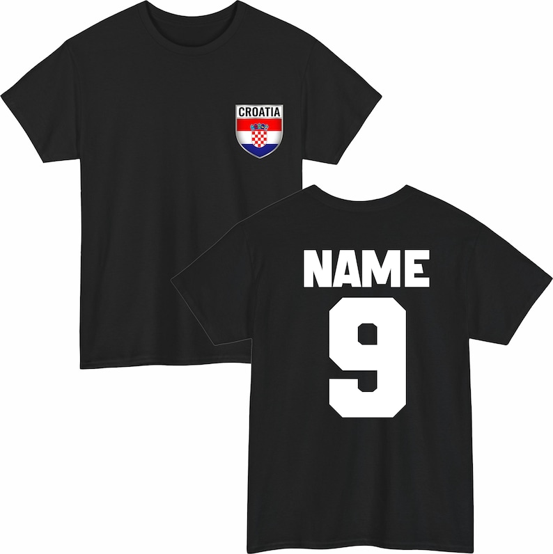 May include: Black t-shirt with a Croatian flag emblem on the front and the word "NAME" and the number "9" on the back. The emblem features a red and white checkered shield with a red and white striped top.