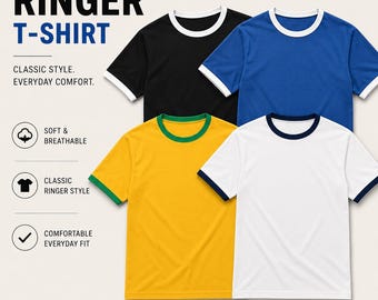 Camiseta unisex con ribete, estilo retro con cuello en contraste.