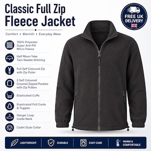 Könnte beinhalten: Anthrazitfarbene Classic Full Zip Fleecejacke mit Stehkragen. Merkmale sind ein durchgehender Reißverschluss, zwei verdeckte Reißverschlusstaschen, elastische Bündchen und Kordelzüge. Die Jacke ist leicht, strapazierfähig und pflegeleicht.