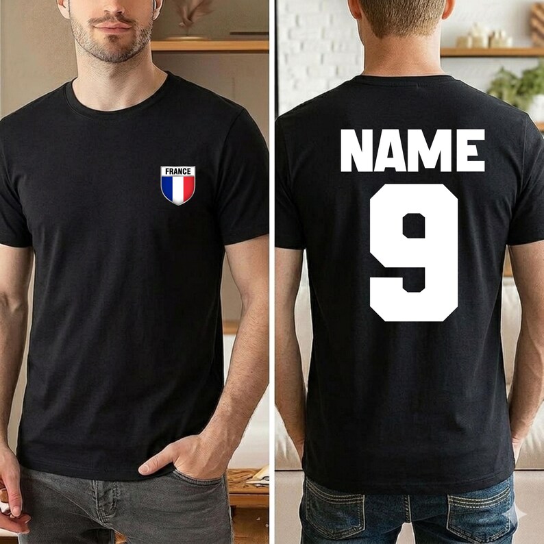 May include: Black t-shirt with a small France flag emblem on the front. The back of the shirt displays the word "NAME" above the number "9" in white block letters. The shirt is a crew neck style.
