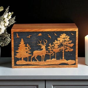 Handcrafted Wooden Cremation Urn Box – Deer Design Memorial Keepsake for Human or Pet Ashes – Sliding Lid Funeral Urn Gift