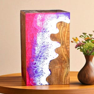 Urnenkasten aus Holz, Palisander & Harz, Ozeanwellen-Gemälde-Urnen-Beerdigung Urnentopf-Rosa Ozean-Küsten-Tribute-Glas-Gedenkbox für Asche-Geschenk