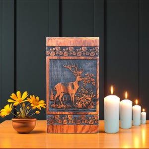 DEER Wooden Cremation Urn for Funeral-Wooden Memorial Urn for Ashe Urn with Wildlife Carving  ,Nature & Outdoor Lover Tribute