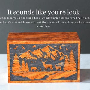 Wooden Cremation Urn for Human Ashes – Handcrafted Deer & Mountain Scene Memorial Box – Funeral Keepsake for Adults