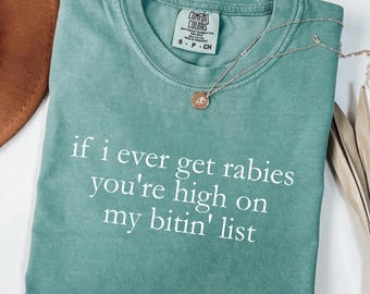 May include: Seafoam green Comfort Colors t-shirt with the text "if i ever get rabies you're high on my bitin' list" in white. A silver necklace with a pendant is on the shirt. The shirt is folded.