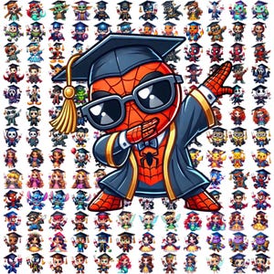Puede incluir: Ilustración colorida con Spider-Man con toga de graduación y gafas de sol, haciendo un dab. Numerosos personajes de dibujos animados pequeños, cada uno con gorras de graduación y diplomas, lo rodean. El tema es la graduación y la cultura popular.