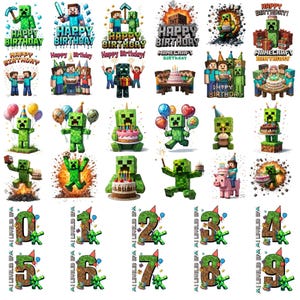 Peut inclure: Plusieurs graphiques d'anniversaire sur le thème de Minecraft. Les images présentent des personnages Creeper, des gâteaux d'anniversaire et le texte "Happy Birthday". Certains modèles incluent les chiffres 0-9 avec le texte "I leveled up."