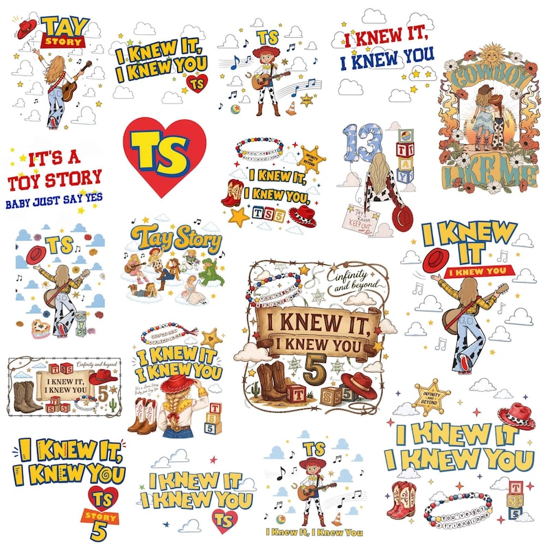 Puede incluir: Una colecci&oacute;n de ilustraciones digitales con personajes de dibujos animados, botas de vaquero, sombreros, bloques de letras y notas musicales. Los elementos de texto incluyen frases como TAY STORY, I KNEW IT, I KNEW YOU y COWBOY LIKE ME.