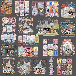 Könnte beinhalten: Eine Sammlung von Designs zum Thema Disney auf grauem Hintergrund. Die Designs zeigen Disney-Charaktere, Schlösser und Texte wie "Meet Me on Main Street" und "Disney World". Die Farbpalette umfasst Rosa, Blau, Gelb und Rot.