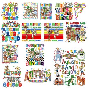 Op de afbeelding: Een verzameling kleurrijke grafische ontwerpen met personages uit de Toy Story-franchise. De ontwerpen bevatten de zinnen "Autisme Awareness" en "Autisme en verder", met tekst over acceptatie en inclusie.