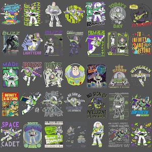 May include: A collection of Buzz Lightyear graphic designs in various styles. The designs feature the character in different poses, with text like "Space Ranger," "To Infinity and Beyond," and "Toy Story." The color palette includes green, purple, and white.