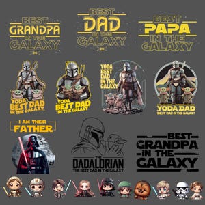 Può includere: Una collezione di grafiche a tema Star Wars. I design includono frasi come "Best Dad in the Galaxy" e "Yoda Best Dad". Sono presenti personaggi come Darth Vader, The Mandalorian e Baby Yoda. La tavolozza dei colori è principalmente nera, gialla e grigia.