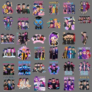 May include: A collection of colorful stickers featuring anime-style characters in graduation attire. The stickers showcase various designs, including groups of people, individual portraits, and text such as "HUNTRAX" and "KPOP DEMON HUNTERS".