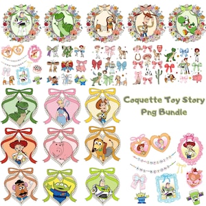 Può includere: Una collezione di immagini PNG digitali con personaggi del film Toy Story, tra cui Buzz Lightyear, Woody e Rex. Le immagini presentano cornici floreali e fiocchi. È presente anche il testo "Coquette Toy Story Png Bundle", che offre vari design.