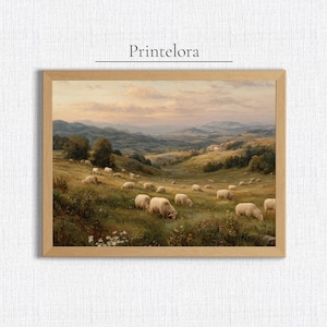 Sheep Landscape Printable Wall Art - Pastoral Farm Decor - Countryside Digital Download Poster - Rustic Nature Painting