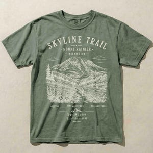 Moss Comfort Colors shirt featuring a vintage Skyline Trail Mount Rainier National Park graphic.