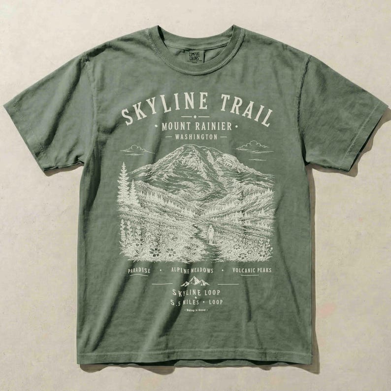 Moss Comfort Colors shirt featuring a vintage Skyline Trail Mount Rainier National Park graphic.