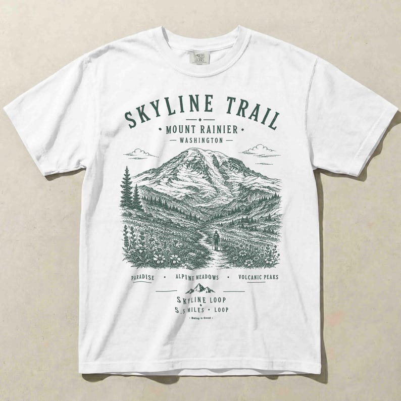 White Comfort Colors shirt featuring a vintage Skyline Trail hiking design.