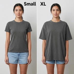 Two women, side-by-side, wearing identical gray t-shirts and denim shorts; the woman on the left wears a size Small, and the woman on the right wears a size XL.