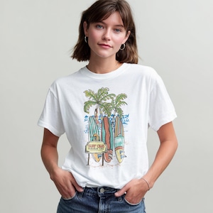 Surf Club Graphic T Shirt Summer Time Beach Tee With Palm Trees And Surfboards For Women Retro Coastal Vacation Aesthetic Gift Shirt Top