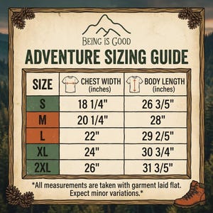 A size chart for shirts, titled "Adventure Sizing Guide," with columns for size, chest width, and body length, showing measurements for sizes S through 2XL.
