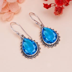 Blue Topaz Solid 925 Sterling Silver Earring, Gemstone Earring, Elegant Earring, Drop Dangle Earring, Handmade Earring, Wedding Earring