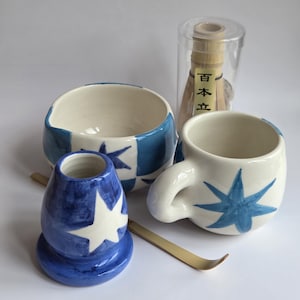 Handmade Ceramic Matcha Set – Matcha Bowl, Mug, Whisk Holder & Bamboo Accessories