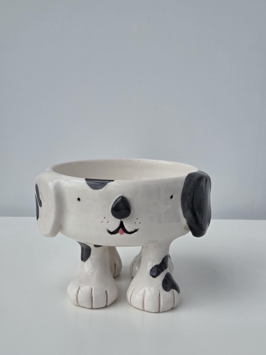 Handmade Ceramic Pet Bowl – White With Black Spots, Dog-shaped Doggy or ...