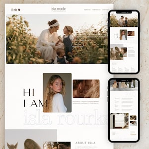 May include: A website layout for Isla Rourke Photography displayed on a desktop screen and two mobile devices. The design features a hero image of a family in a field, portrait photography, text headers, and navigation links for services and contact.