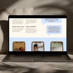 May include: A laptop screen displaying a webpage with text sections titled Fashion and accessories and Wellness and lifestyle, alongside two light blue speech bubbles containing testimonials and three smartphone-shaped frames showing images.
