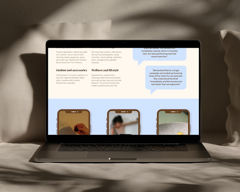 May include: A laptop screen displaying a webpage with text sections titled Fashion and accessories and Wellness and lifestyle, alongside two light blue speech bubbles containing testimonials and three smartphone-shaped frames showing images.