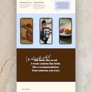 May include: A digital marketing portfolio layout featuring brand logos, service categories, and three smartphone screens displaying content. The text reads: I do not create content that looks like an ad. I create content that looks like a recommendation.