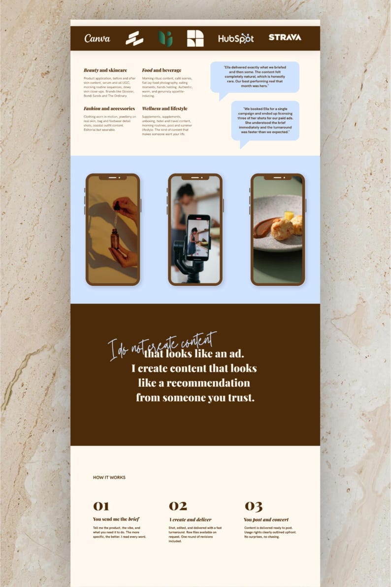 May include: A digital marketing portfolio layout featuring brand logos, service categories, and three smartphone screens displaying content. The text reads: I do not create content that looks like an ad. I create content that looks like a recommendation.