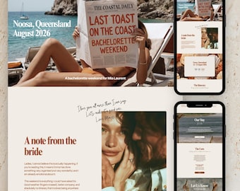 May include: A digital invitation template for a bachelorette weekend in Noosa, Queensland, featuring a beach scene with a newspaper titled The Coastal Daily, mobile phone mockups displaying event details, and a note from the bride.