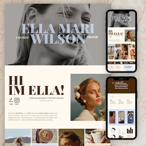 May include: A digital portfolio layout featuring the name Ella Mari Wilson, lifestyle and beauty content creator. The design includes a large black and white portrait, two smartphone mockups displaying website pages, and text sections with the heading Hi Im Ella, showcasing professional branding and social media statistics.