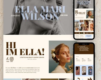 May include: A digital portfolio layout featuring the name Ella Mari Wilson, lifestyle and beauty content creator. The design includes a large black and white portrait, two smartphone mockups displaying website pages, and text sections with the heading Hi Im Ella, showcasing professional branding and social media statistics.