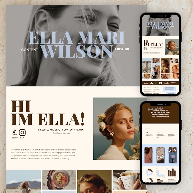 Elevate your brand with our Creative Portfolio Website Template in delightful Chocolate and Blue hues! Perfect for content creators, this Editable Canva UGC Media Kit makes showcasing your work effortless and stylish. With an emphasis on aesthetics and functionality, this Content Creator Portfolio is designed for instant download, ensuring you can start customizing right away. Make a lasting impression—grab your template today and shine online!