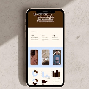 May include: A smartphone displaying a webpage with a dark brown header containing the text I do not create content that looks like an ad. I create content that looks like a recommendation from someone you trust. Below are three numbered steps.