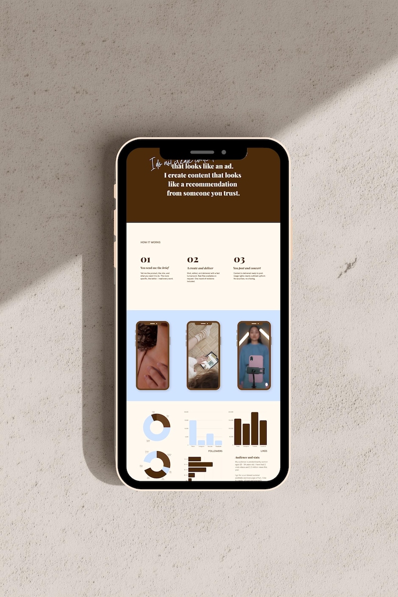 May include: A smartphone displaying a webpage with a dark brown header containing the text I do not create content that looks like an ad. I create content that looks like a recommendation from someone you trust. Below are three numbered steps.