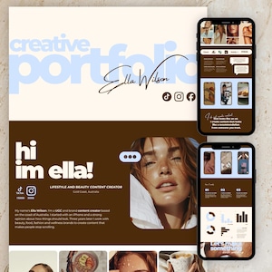 May include: A digital creative portfolio layout for Ella Wilson featuring a brown and cream colour scheme. The design includes the text "creative portfolio," "hi im ella!," and "LIFESTYLE AND BEAUTY CONTENT CREATOR," alongside two smartphone mockups displaying social media content and analytics.