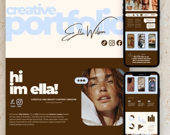 May include: A digital creative portfolio layout for Ella Wilson featuring a brown and cream color scheme. The design includes the text "creative portfolio," "hi im ella!," and "LIFESTYLE AND BEAUTY CONTENT CREATOR," alongside two smartphone mockups displaying social media content and analytics.