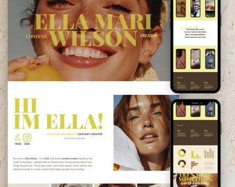 May include: A promotional layout featuring a woman with freckles, the text "ELLA MARI WILSON" and "HI IM ELLA!". Two smartphones display content. The layout promotes lifestyle and beauty content creation. The color scheme is warm with yellow and brown tones.